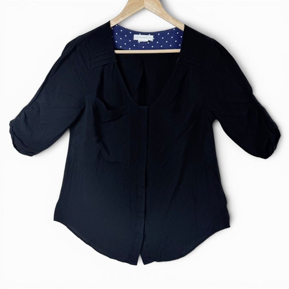 Edme & Esyllte Anthropologie Black 3/4 Button Front Ruched Blouse Womens Size 6